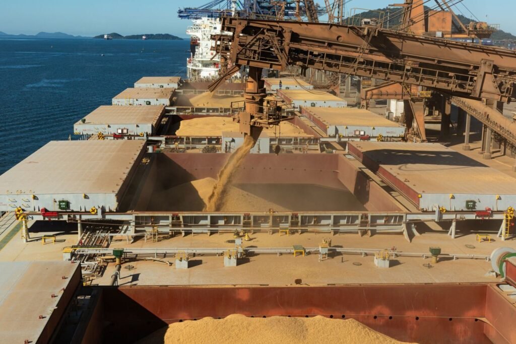 Bulk carrier being loaded with grain for export – agricultural commodity trading from Brazil to global markets