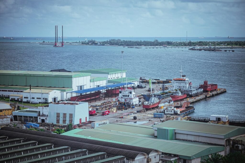 Busy African port with several ships – import process for Brazilian commodities into Africa