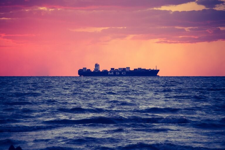 Cargo ship on calm sea at golden hour