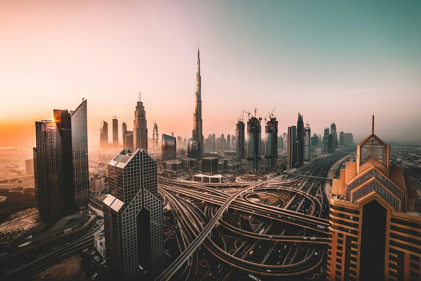 Dubai skyline at sunset with Sheikh Zayed Road – Middle East import hub for Brazilian commodities