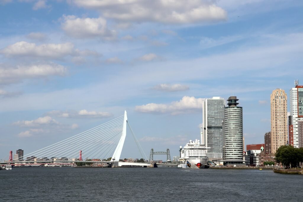 Rotterdam waterfront and Erasmus Bridge – European import hub for Brazilian commodities